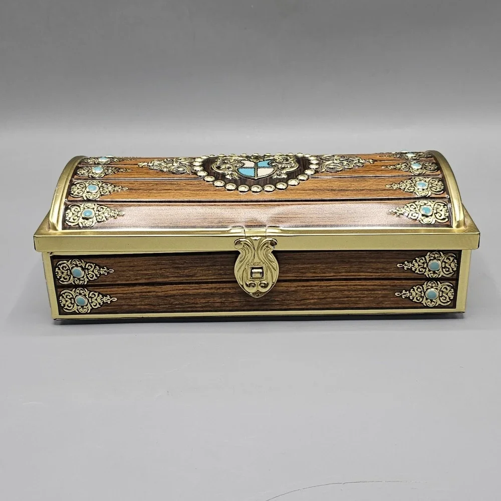 Vintage Heraldic Ornate Emblem Shield Faux Turquoise Trinket Tin Box